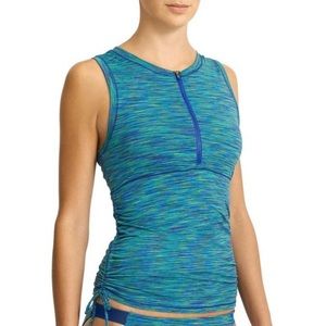 Athleta Space Dye Sleeveless Blue Green Half Zip Side Tie Ruched Top-Size Medium